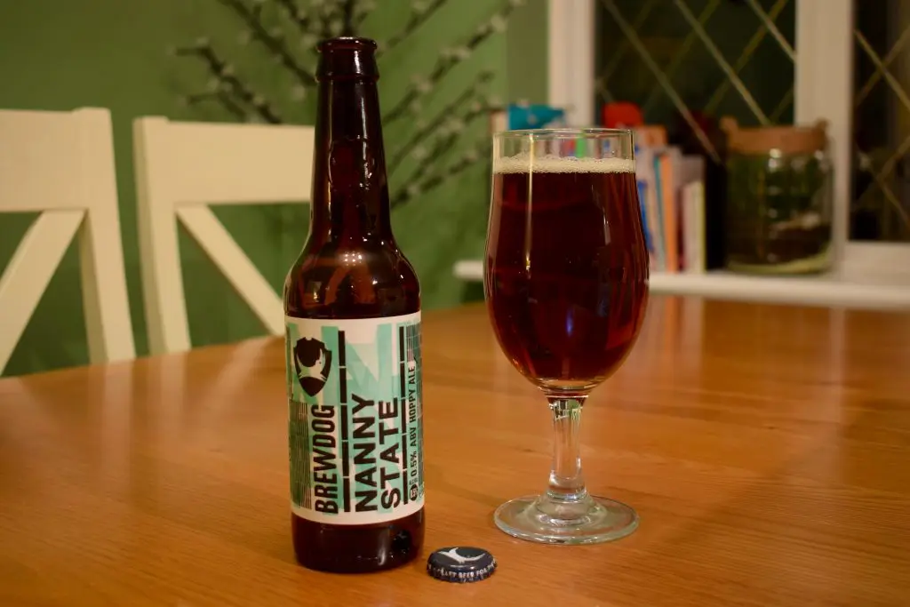 Nanny State non-alcoholic beer bottle and glass