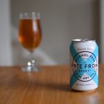Free From Beer Co 0.5% IPA can and glass in background